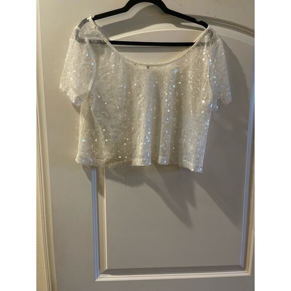 Top white sheer top laced sequins size medium short sleeve round neck - Picture 2 of 2
